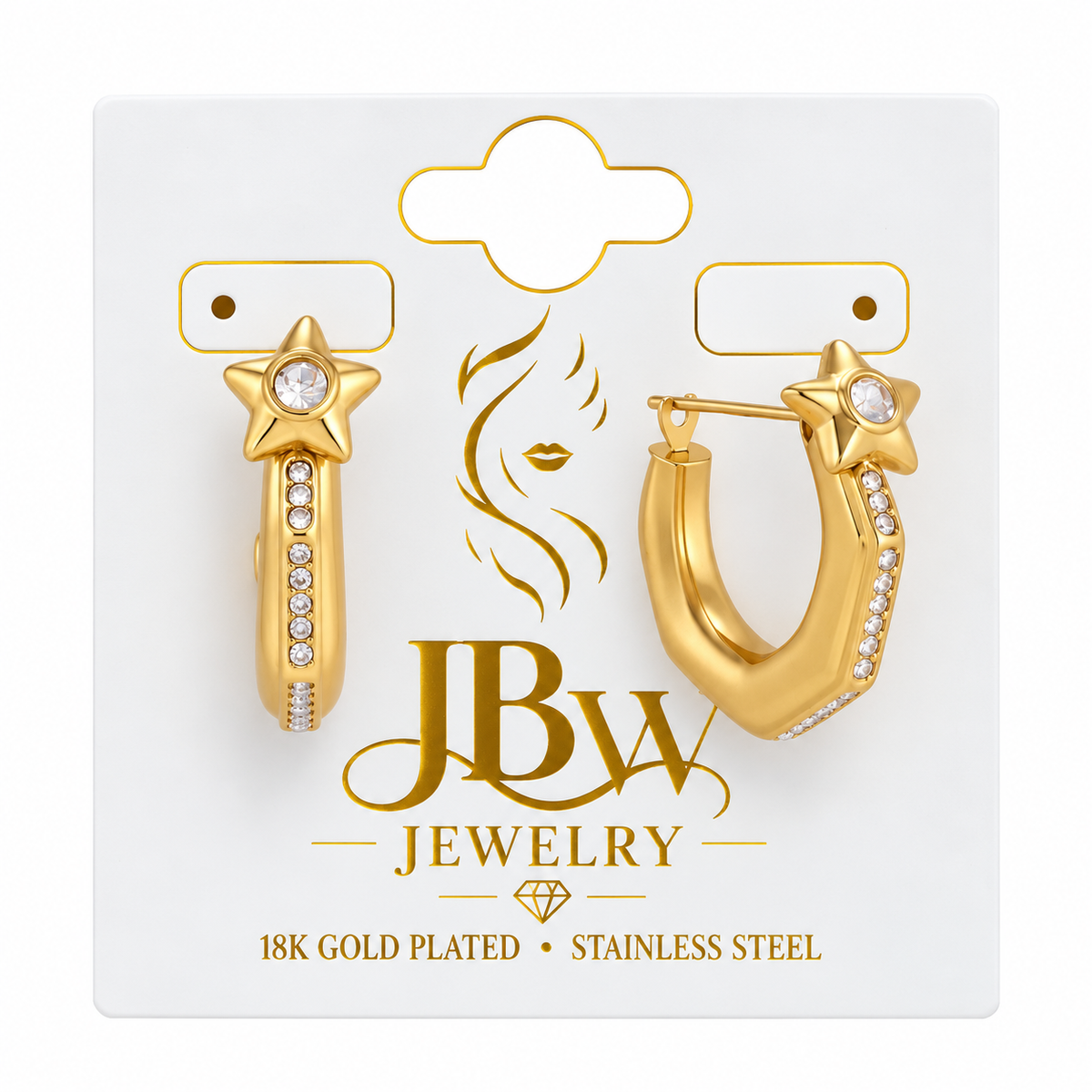 JBW 18K Gold Stainless Steel U-Shape Star Huggie Hoops